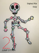 Load image into Gallery viewer, Embroidered felt skeleton on wall with black background and floral bones. The skeleton is 2 feet tall and held together with metal paper fasteners. In the top right corner it reads, &quot;Digital File Only.&quot; In the bottom left corner and covering a portion of one skeleton leg is the 21 Jump Stitch logo. The logo is a large &quot;21&quot; in a red dashed line font with a smaller simple black font underneath saying, &quot;Jump Stitch.&quot;
