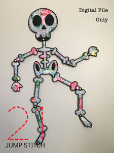Embroidered felt skeleton on wall with black background and floral bones. The skeleton is 2 feet tall and held together with metal paper fasteners. In the top right corner it reads, "Digital File Only." In the bottom left corner and covering a portion of one skeleton leg is the 21 Jump Stitch logo. The logo is a large "21" in a red dashed line font with a smaller simple black font underneath saying, "Jump Stitch."